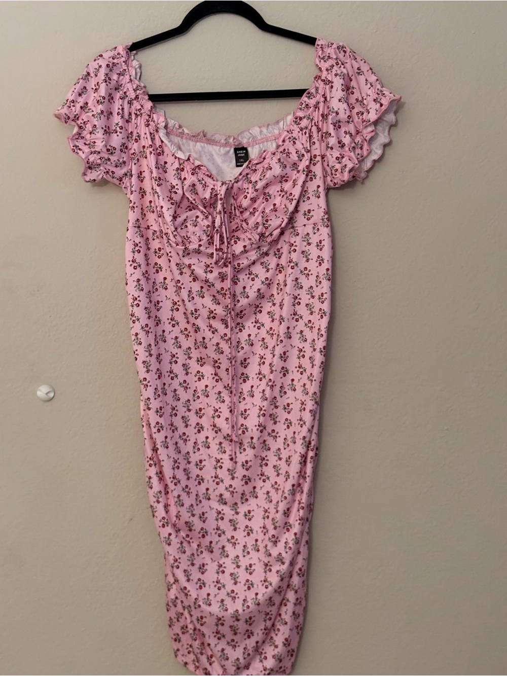 SHEIN Pink Floral Tie-Front Midi Dress